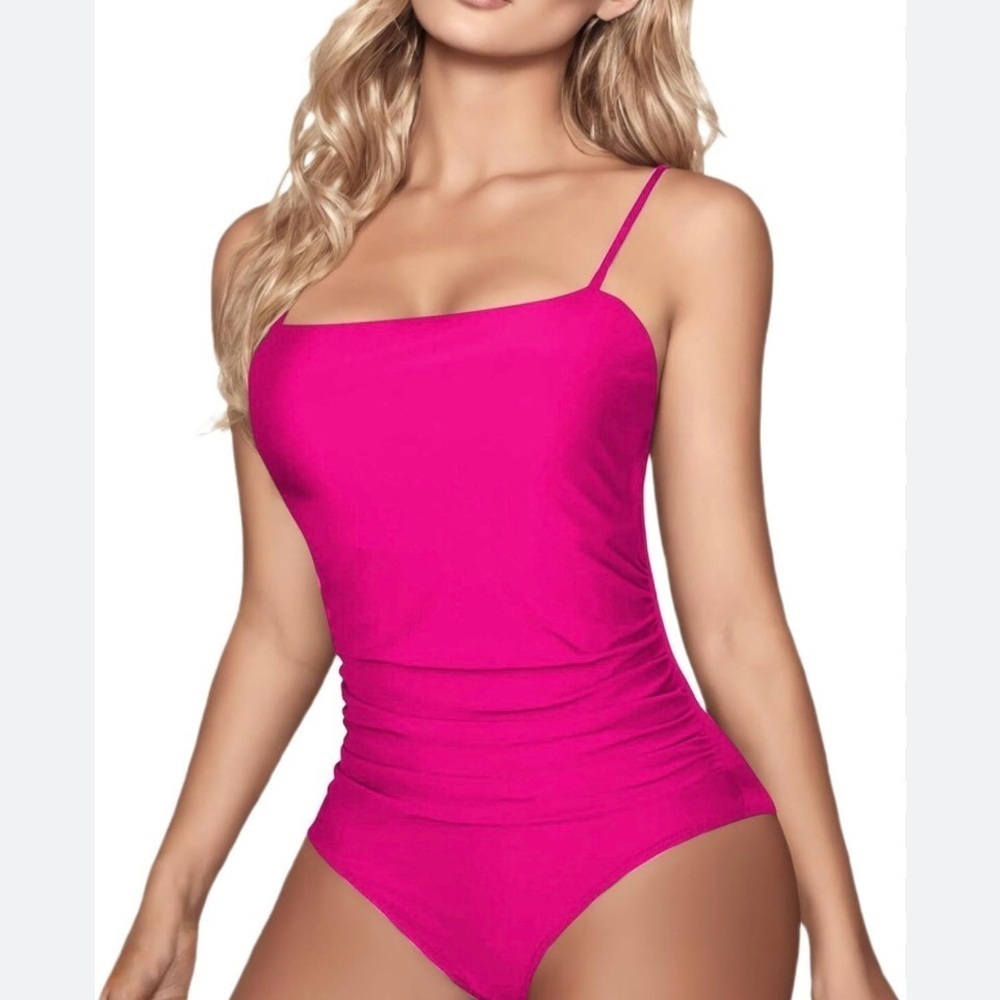 CUPSHE Women's Square Neck Tummy Control Rushed Strappy One Piece Swimwear Sz L